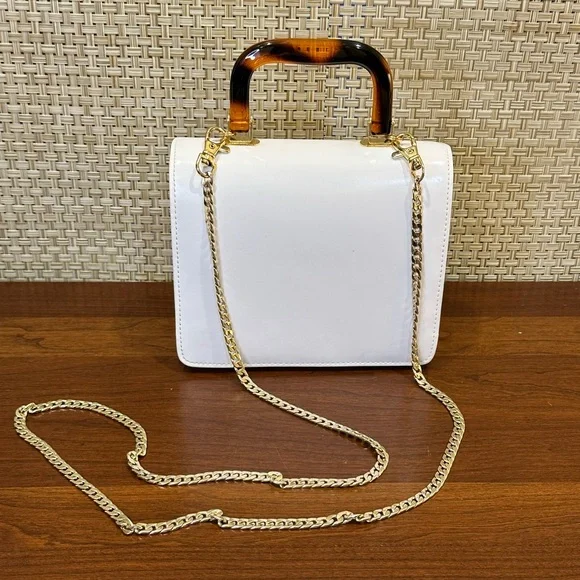 🌟HP🌟VTG 1970s-80s White Vinyl Structured Bag with Acrylic Tortoise Handle Chain - Picture 1 of 16